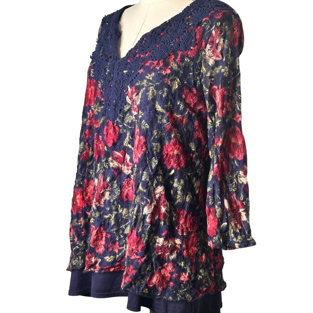 Lee  Floral Lace Tunic Top Womens XL Navy Hot Pink Flowy Cottage 90s Y2k Fairy - Picture 3 of 12